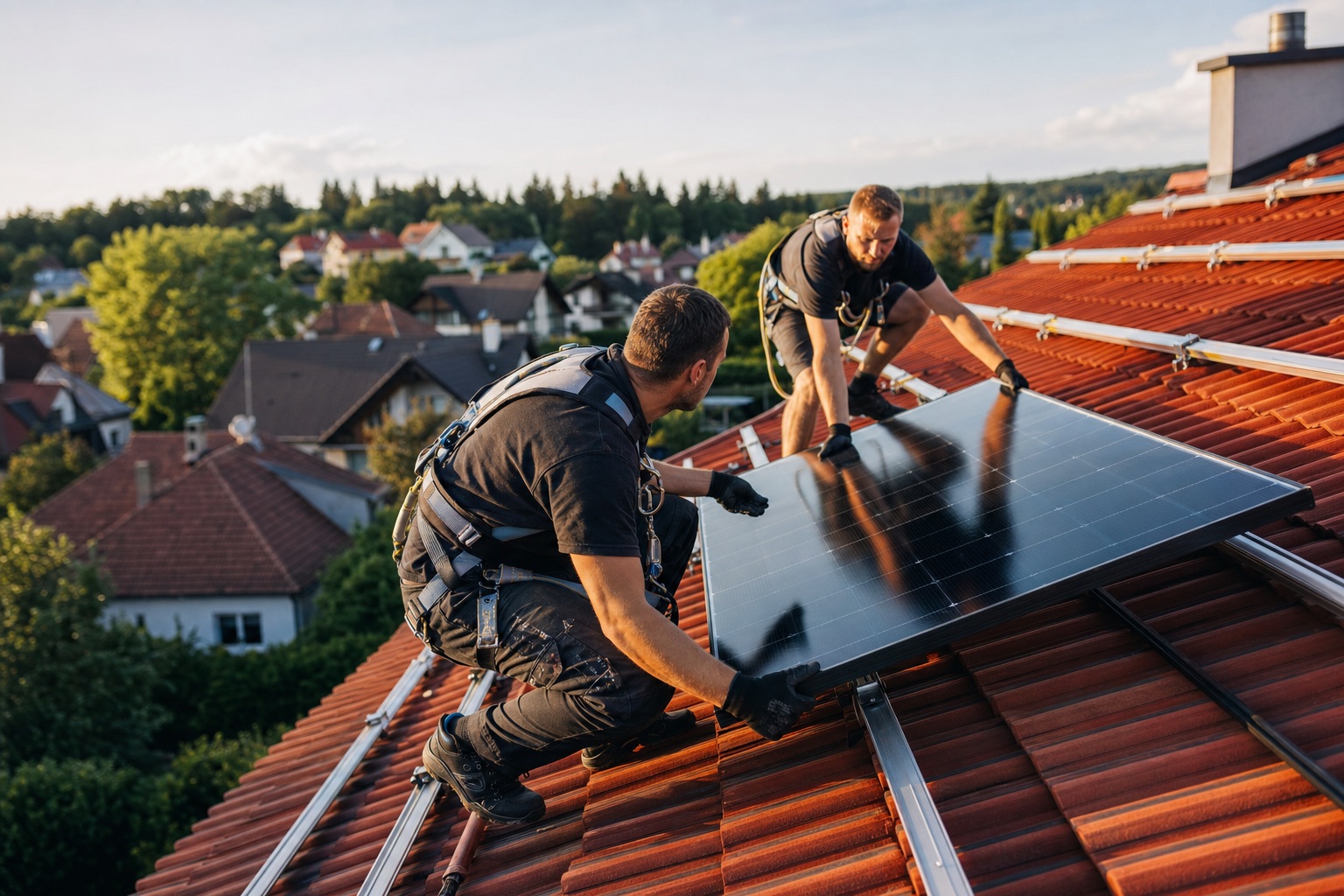 Dva montéři v jisticích postrojích usazují černý fotovoltaický panel na hliníkové lišty na šikmé taškové střeše rodinného domu.